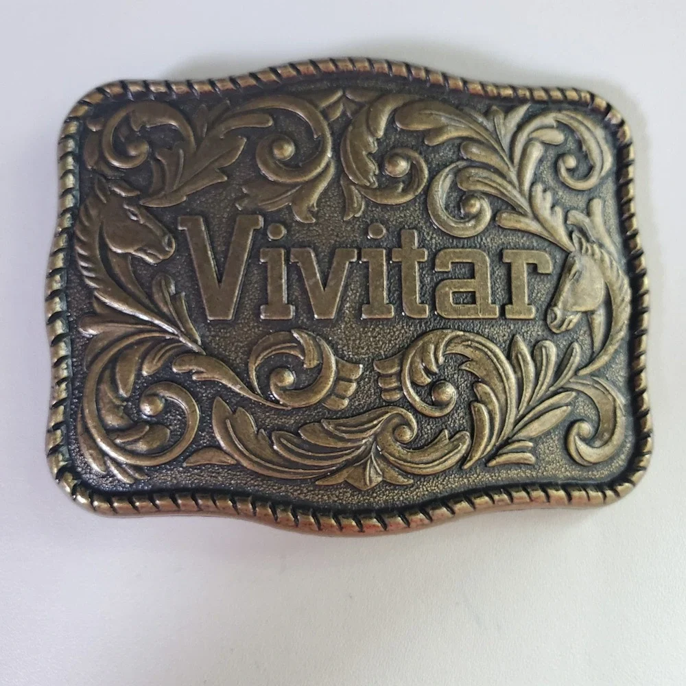 Vivitar Promo Belt Buckle Brass Tone Western Horse Floral Scroll Photography